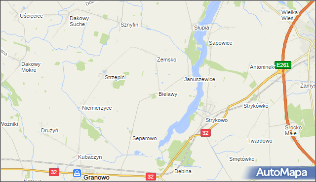 mapa Bielawy gmina Granowo, Bielawy gmina Granowo na mapie Targeo