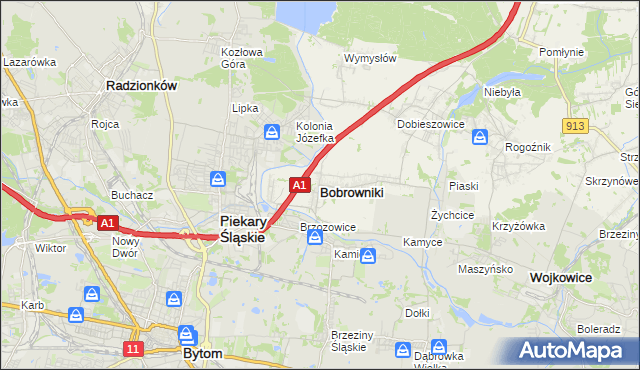 mapa Bobrowniki powiat będziński, Bobrowniki powiat będziński na mapie Targeo