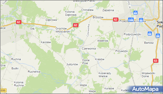 mapa Czerwonka gmina Sokołów Podlaski, Czerwonka gmina Sokołów Podlaski na mapie Targeo