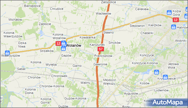 mapa Franciszków gmina Wolanów, Franciszków gmina Wolanów na mapie Targeo