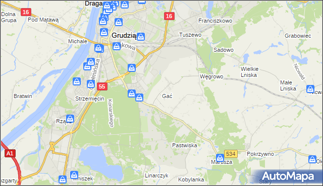 mapa Gać gmina Grudziądz, Gać gmina Grudziądz na mapie Targeo