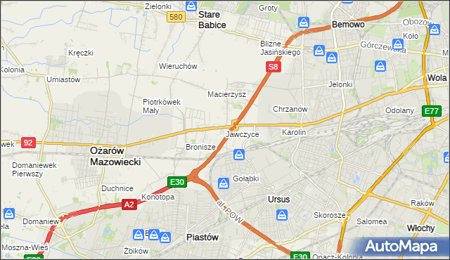 mapa Jawczyce gmina Ożarów Mazowiecki, Jawczyce gmina Ożarów Mazowiecki na mapie Targeo