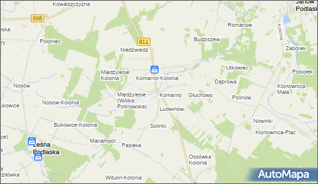 mapa Komarno gmina Konstantynów, Komarno gmina Konstantynów na mapie Targeo