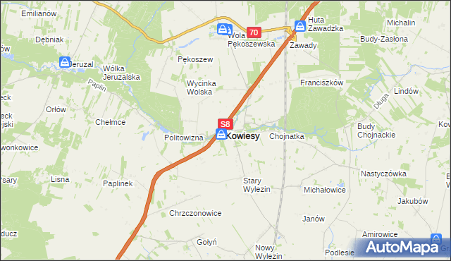 mapa Kowiesy powiat skierniewicki, Kowiesy powiat skierniewicki na mapie Targeo