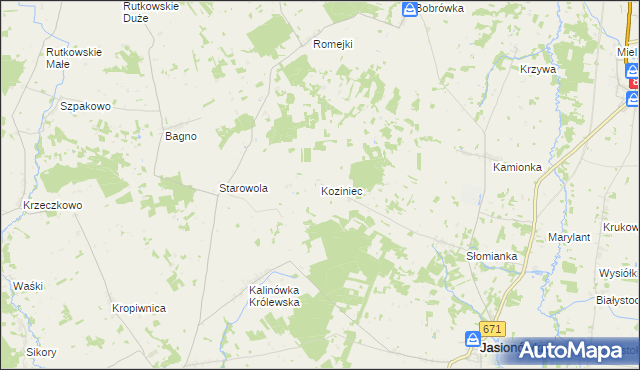 mapa Koziniec gmina Jasionówka, Koziniec gmina Jasionówka na mapie Targeo