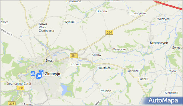 mapa Kozów gmina Złotoryja, Kozów gmina Złotoryja na mapie Targeo