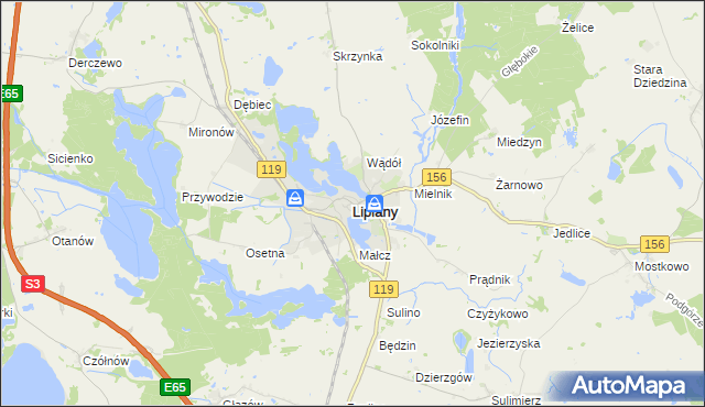 mapa Lipiany powiat pyrzycki, Lipiany powiat pyrzycki na mapie Targeo