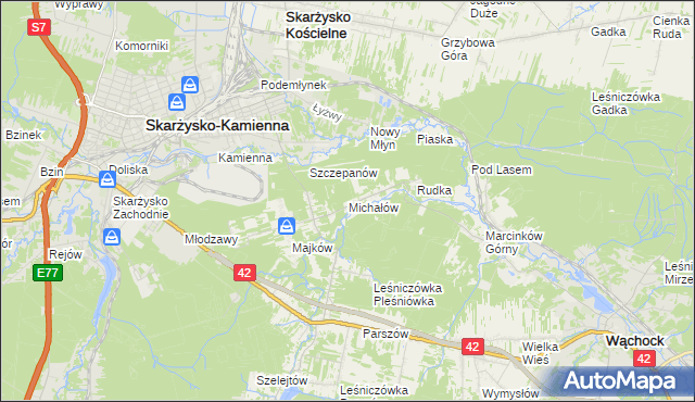 mapa Michałów gmina Skarżysko Kościelne, Michałów gmina Skarżysko Kościelne na mapie Targeo