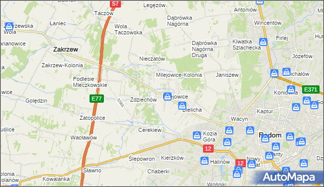 mapa Milejowice gmina Zakrzew, Milejowice gmina Zakrzew na mapie Targeo