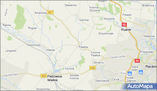 mapa Pawłów gmina Pietrowice Wielkie, Pawłów gmina Pietrowice Wielkie na mapie Targeo