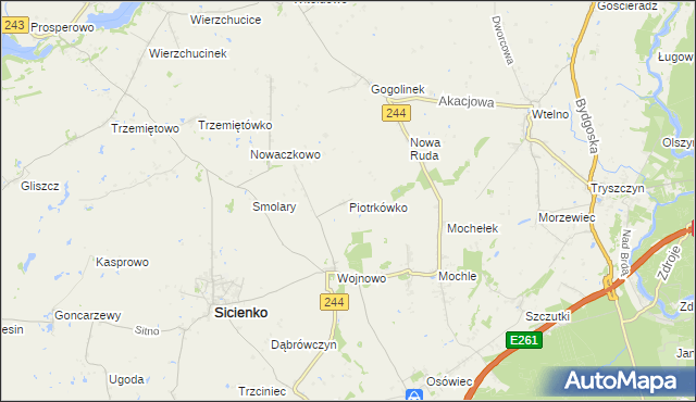 mapa Piotrkówko gmina Sicienko, Piotrkówko gmina Sicienko na mapie Targeo