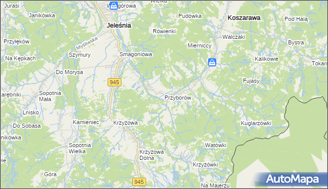 mapa Przyborów gmina Jeleśnia, Przyborów gmina Jeleśnia na mapie Targeo