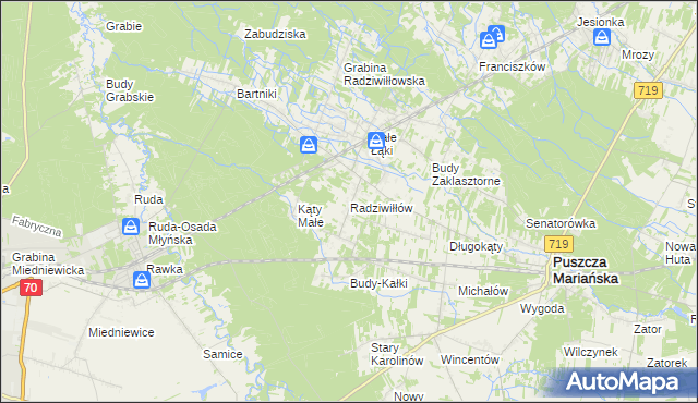 mapa Radziwiłłów gmina Puszcza Mariańska, Radziwiłłów gmina Puszcza Mariańska na mapie Targeo