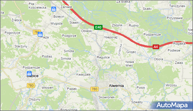 mapa Regulice gmina Alwernia, Regulice gmina Alwernia na mapie Targeo