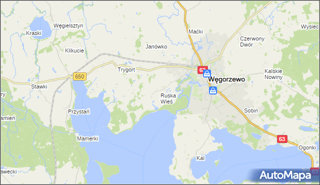 mapa Ruska Wieś gmina Węgorzewo, Ruska Wieś gmina Węgorzewo na mapie Targeo