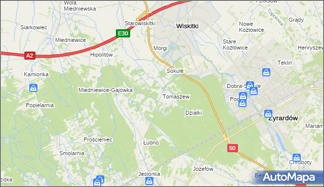 mapa Tomaszew gmina Wiskitki, Tomaszew gmina Wiskitki na mapie Targeo