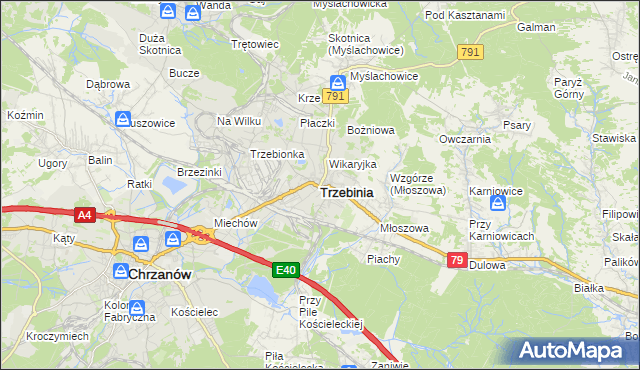 mapa Trzebinia powiat chrzanowski, Trzebinia powiat chrzanowski na mapie Targeo