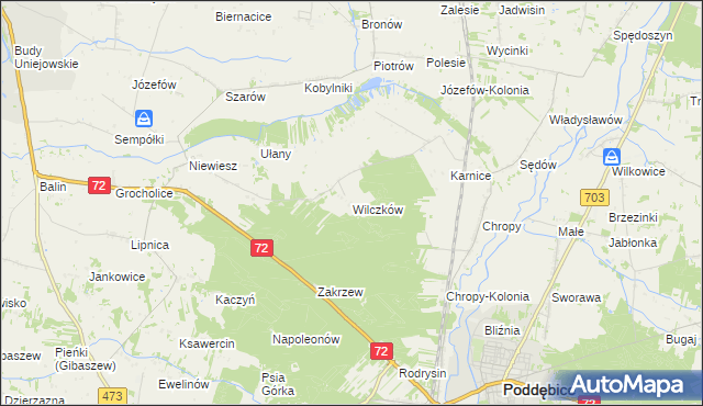mapa Wilczków gmina Poddębice, Wilczków gmina Poddębice na mapie Targeo