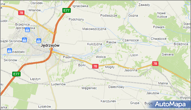 mapa Wolica gmina Jędrzejów, Wolica gmina Jędrzejów na mapie Targeo