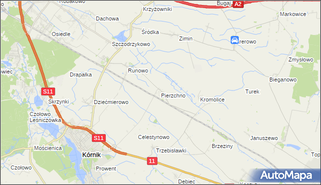 mapa Pierzchno gmina Kórnik, Pierzchno gmina Kórnik na mapie Targeo