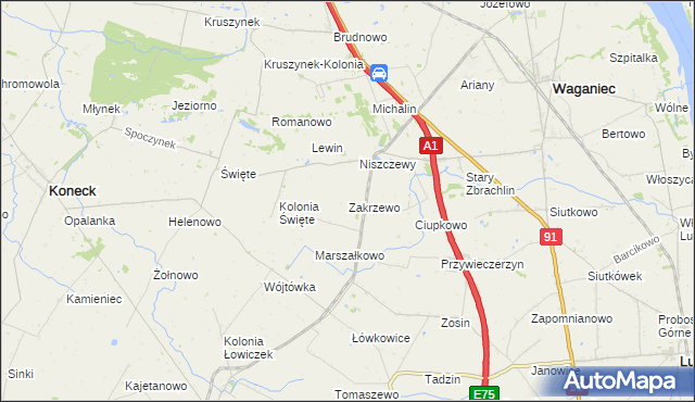 mapa Zakrzewo gmina Waganiec, Zakrzewo gmina Waganiec na mapie Targeo