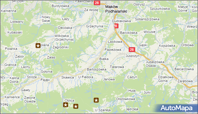mapa Białka gmina Maków Podhalański, Białka gmina Maków Podhalański na mapie Targeo