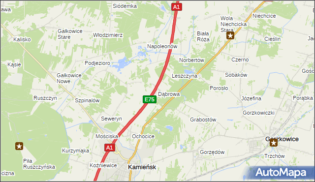 mapa Dąbrowa gmina Kamieńsk, Dąbrowa gmina Kamieńsk na mapie Targeo