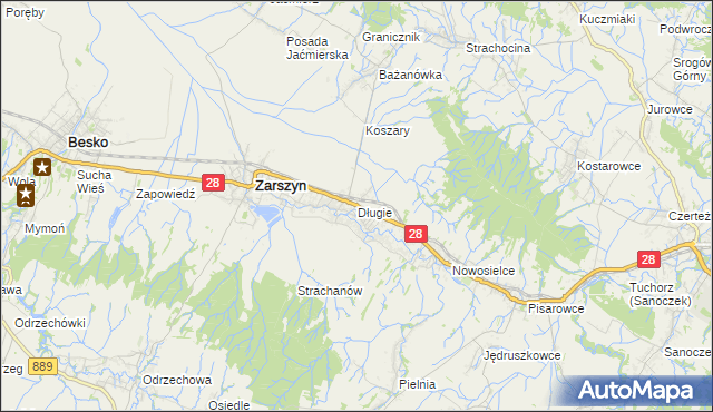 mapa Długie gmina Zarszyn, Długie gmina Zarszyn na mapie Targeo