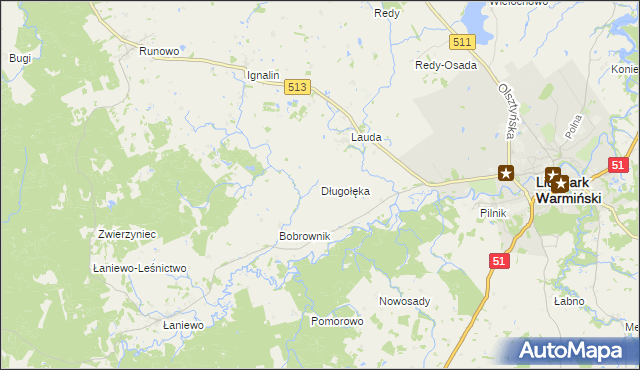 mapa Długołęka gmina Lidzbark Warmiński, Długołęka gmina Lidzbark Warmiński na mapie Targeo