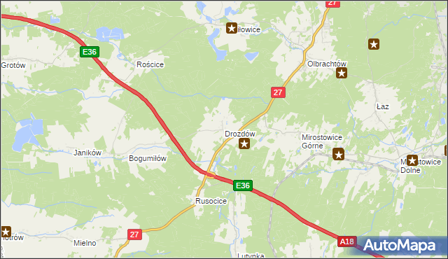 mapa Drozdów gmina Żary, Drozdów gmina Żary na mapie Targeo