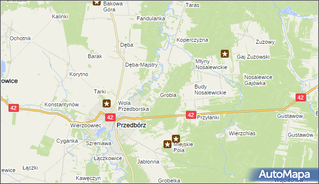 mapa Grobla gmina Przedbórz, Grobla gmina Przedbórz na mapie Targeo