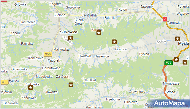 mapa Jasienica gmina Myślenice, Jasienica gmina Myślenice na mapie Targeo