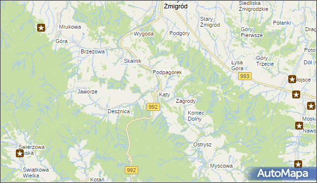 mapa Kąty gmina Nowy Żmigród, Kąty gmina Nowy Żmigród na mapie Targeo
