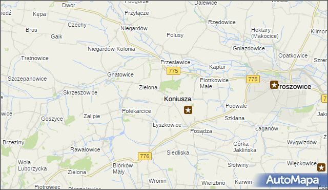 mapa Koniusza powiat proszowicki, Koniusza powiat proszowicki na mapie Targeo