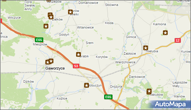 mapa Korytów gmina Gaworzyce, Korytów gmina Gaworzyce na mapie Targeo