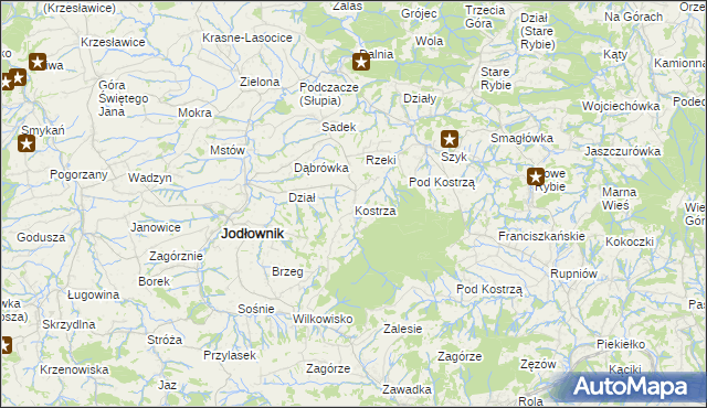 mapa Kostrza gmina Jodłownik, Kostrza gmina Jodłownik na mapie Targeo