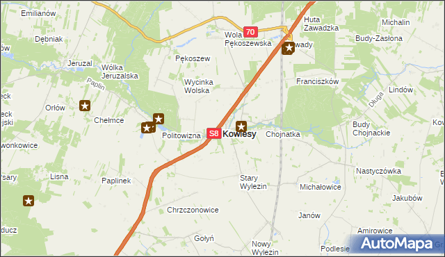 mapa Kowiesy powiat skierniewicki, Kowiesy powiat skierniewicki na mapie Targeo