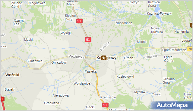 mapa Koziegłowy powiat myszkowski, Koziegłowy powiat myszkowski na mapie Targeo
