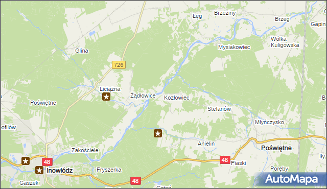mapa Kozłowiec gmina Poświętne, Kozłowiec gmina Poświętne na mapie Targeo