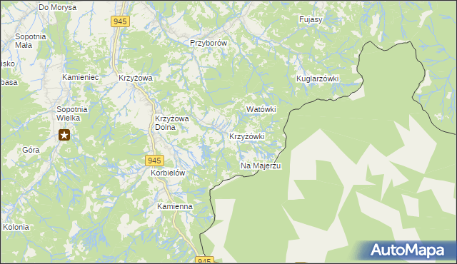 mapa Krzyżówki gmina Jeleśnia, Krzyżówki gmina Jeleśnia na mapie Targeo