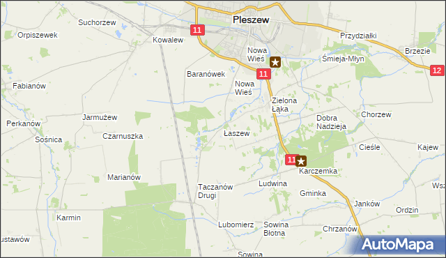 mapa Łaszew gmina Pleszew, Łaszew gmina Pleszew na mapie Targeo