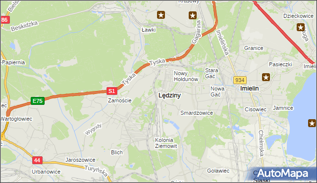 mapa Lędziny powiat bieruńsko-lędziński, Lędziny powiat bieruńsko-lędziński na mapie Targeo