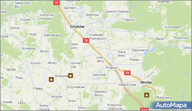 mapa Lisie Jamy gmina Mniów, Lisie Jamy gmina Mniów na mapie Targeo