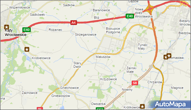 mapa Małuszów gmina Kobierzyce, Małuszów gmina Kobierzyce na mapie Targeo