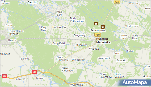 mapa Michałów gmina Puszcza Mariańska, Michałów gmina Puszcza Mariańska na mapie Targeo