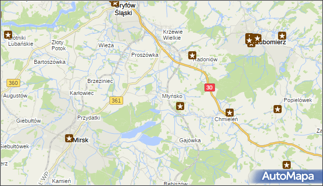mapa Młyńsko gmina Gryfów Śląski, Młyńsko gmina Gryfów Śląski na mapie Targeo