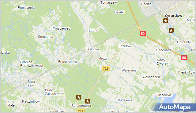 mapa Mrozy gmina Puszcza Mariańska, Mrozy gmina Puszcza Mariańska na mapie Targeo