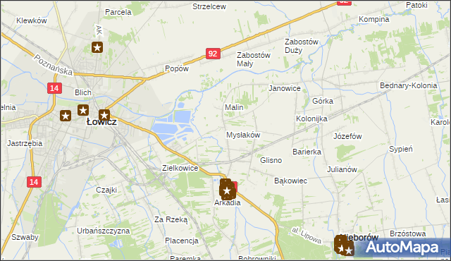mapa Mysłaków gmina Nieborów, Mysłaków gmina Nieborów na mapie Targeo