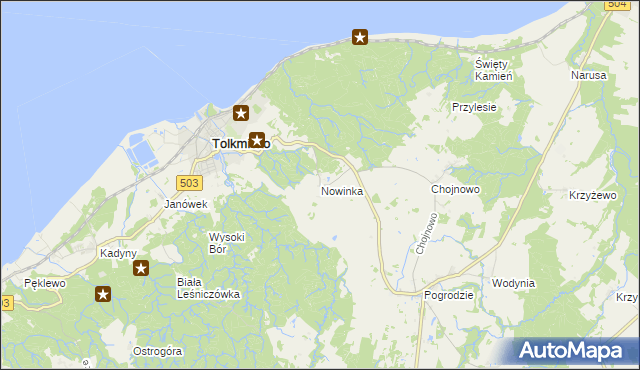 mapa Nowinka gmina Tolkmicko, Nowinka gmina Tolkmicko na mapie Targeo