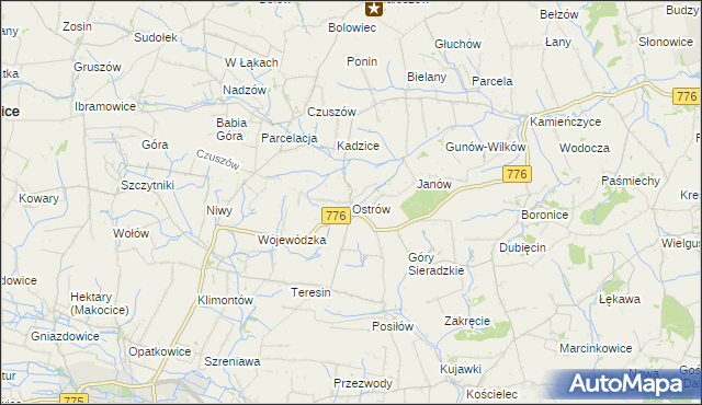 mapa Ostrów gmina Proszowice, Ostrów gmina Proszowice na mapie Targeo